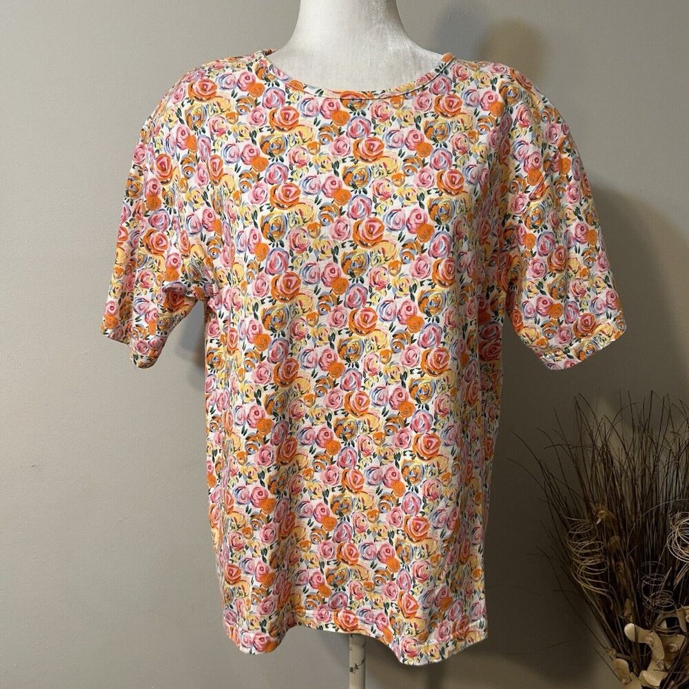 Vtg Bechamel Casual Women T-Shirt Top Orange Floral Short Sleeves 100% Cotton M